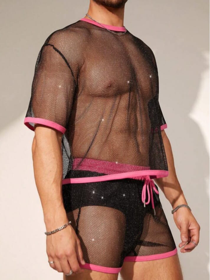 Men's Mesh Loose Fit Sexy Sleepwear T-shirt & Short Set3